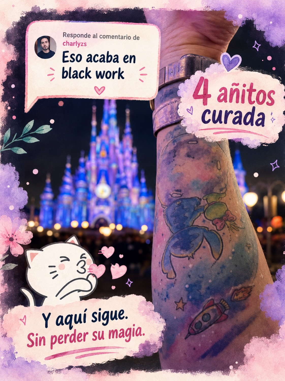 Stitch en acuarela fotografiado en el antebrazo ante un castillo iluminado; la publicación indica cuatro años curado.