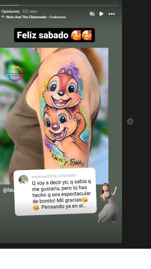 Story original con dos ardillas de dibujos animados tatuadas a color y un comentario de agradecimiento