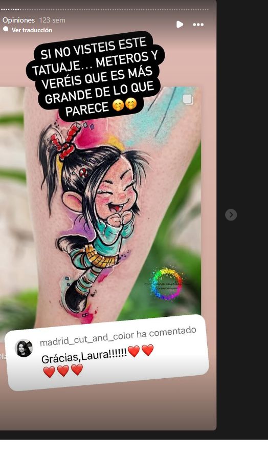 Story original con un tatuaje de personaje a color y el comentario de agradecimiento a Laura