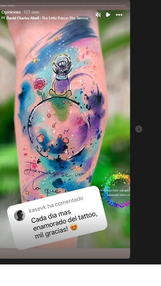 Story original con el tatuaje de El Principito a color y el comentario de su cliente