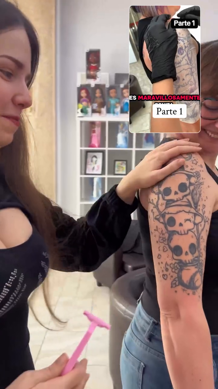Detalle del dibujo de calaveritas en el brazo antes de añadir el color