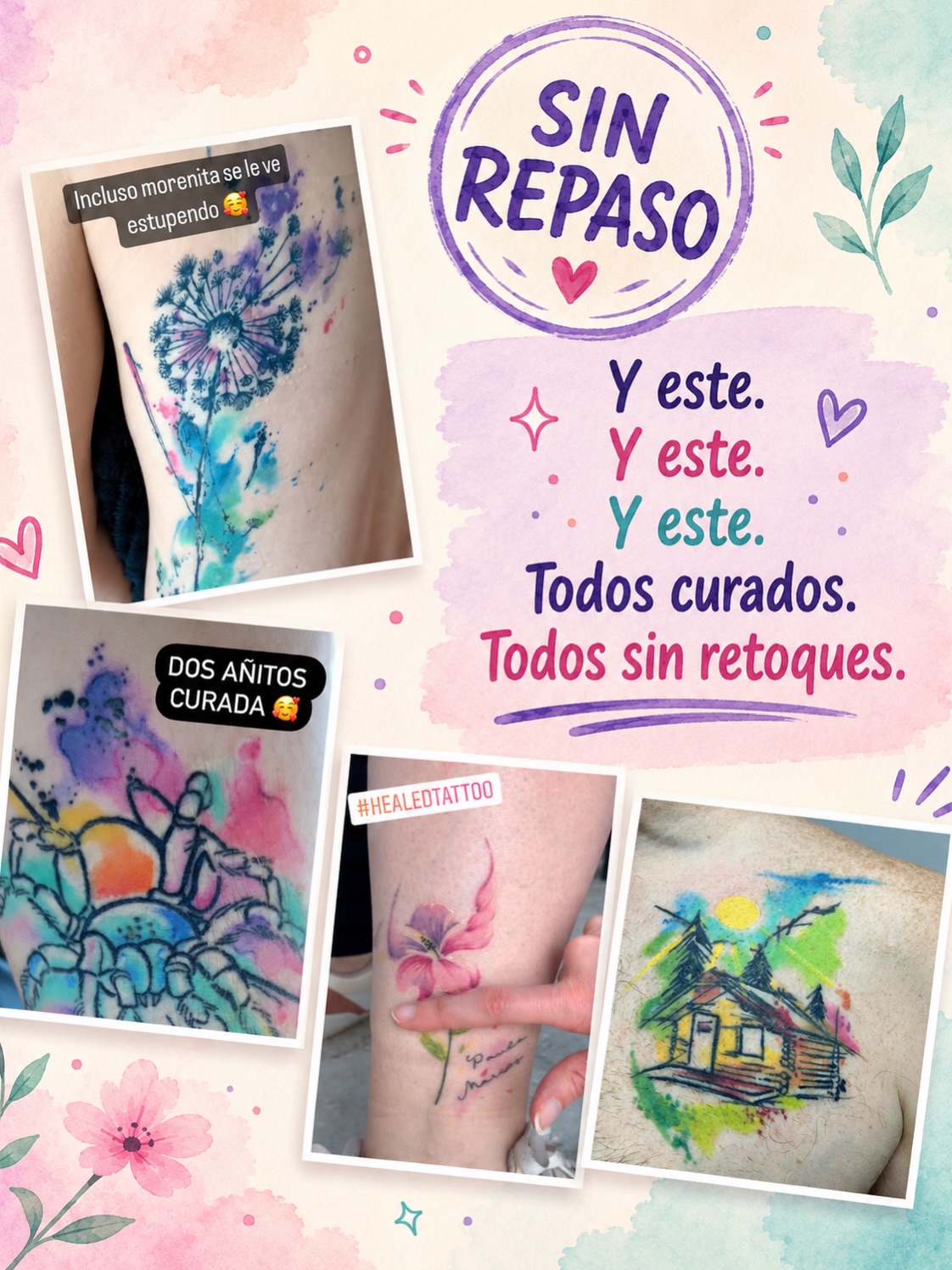 Cuatro tatuajes que Laura presenta como curados sin retoques: diente de león, cangrejo, flor rosa y cabaña