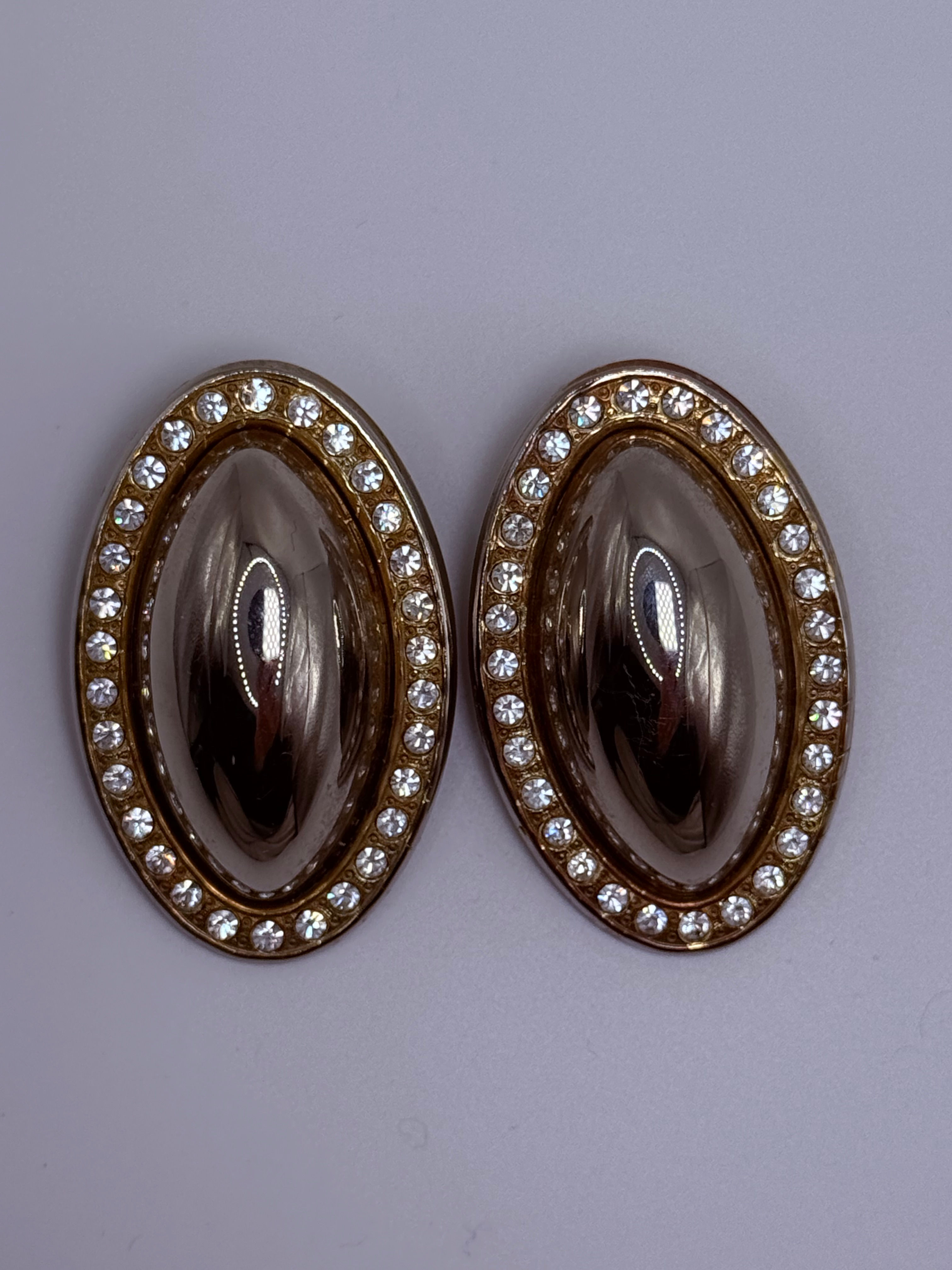 Vintage 1980s Oval Rhinestone Earrings - Mixed Metal