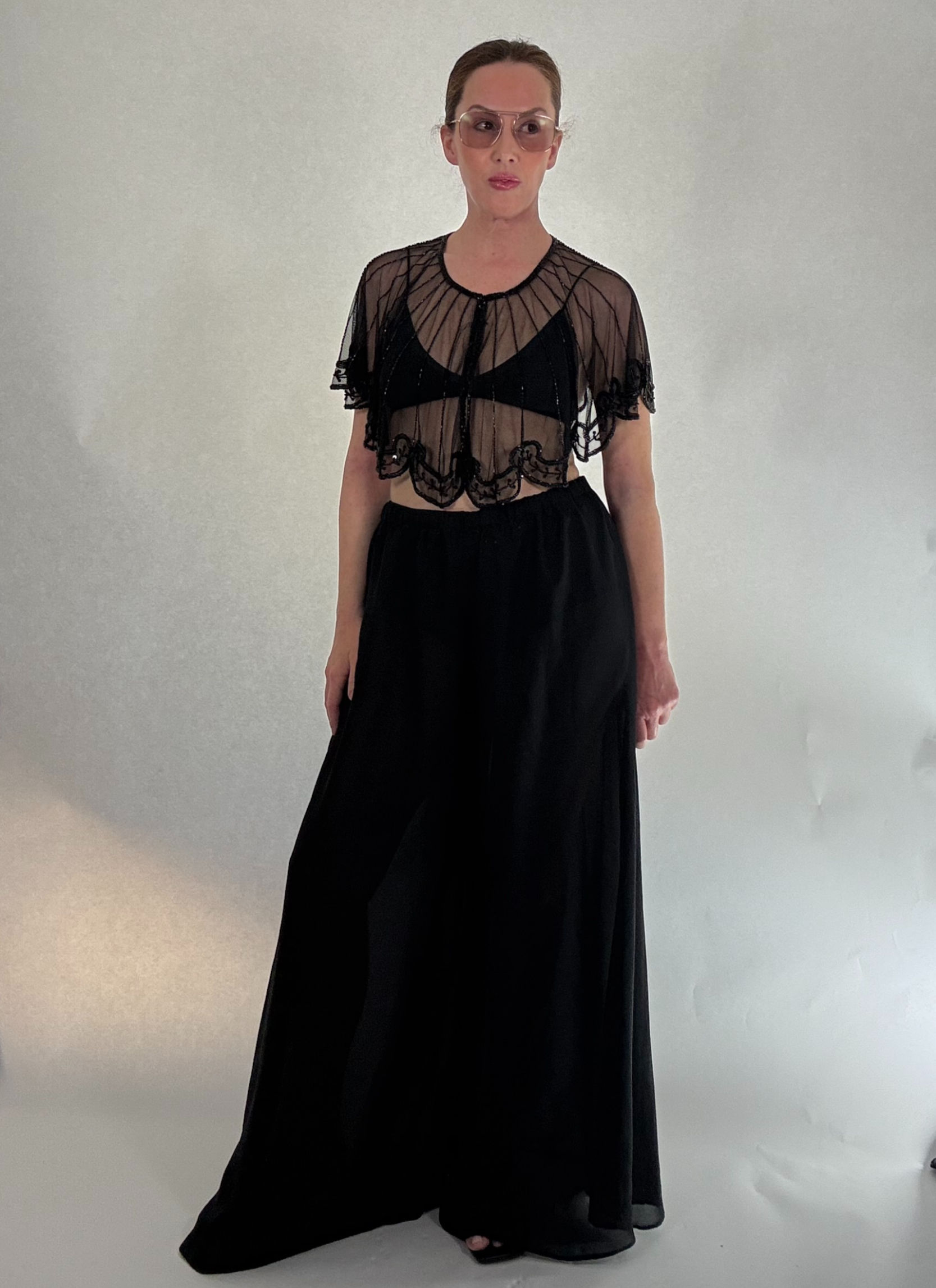 Vintage Beaded Cape Top - Black