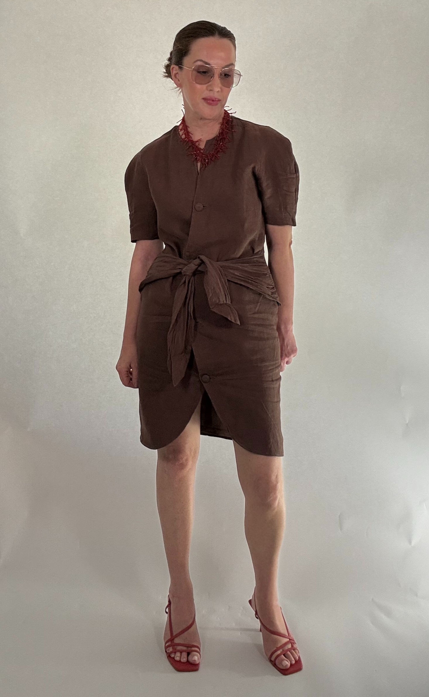 Vintage Italian Linen Knot Front Dress - Brown