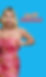 Sarah Halstead in orange and pink with a blue background. Sarah, blonde, white, 40s, looking fab in a pink and gold strapless dress. 