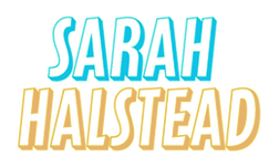 Sarah Halstead comic comedian Stand-up logo in blue and yellow logo