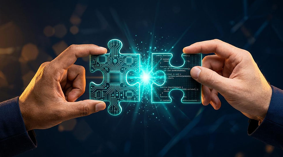 Two hands connecting glowing puzzle pieces showing electronic circuits and software code