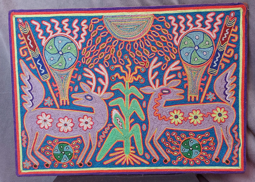 Huichol-Yarn-Painting-Deer-Corn-and-Peyote-13"-x-19'