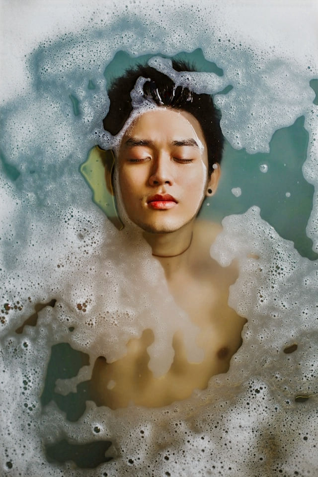 バスタブのなかの裸の青年の写真