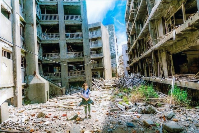 砲撃後の街景色と少女の写真