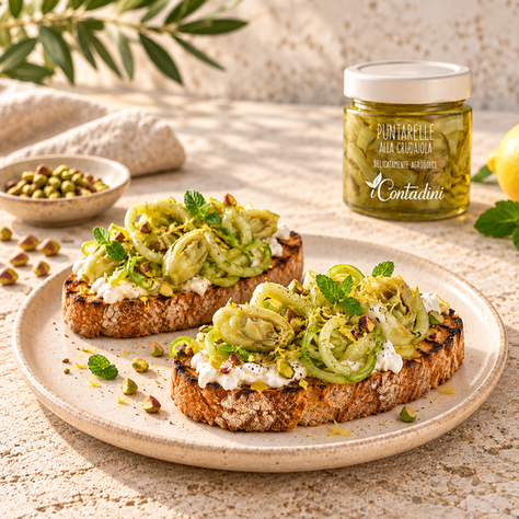 Bruschette à la Stracciatella, Puntarelle aigres-douces et pistaches