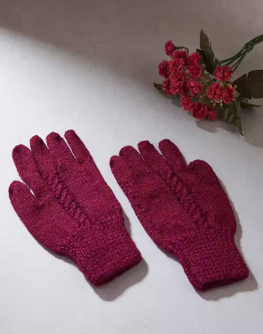Maroon Acrylic Knitted Winter Gloves