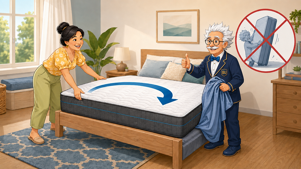 Mrs. Goodsleep rotates a modern mattress head to foot while Professor Goodsleep approves; a crossed-out inset shows that rotating is easier than flipping the mattress upside down.