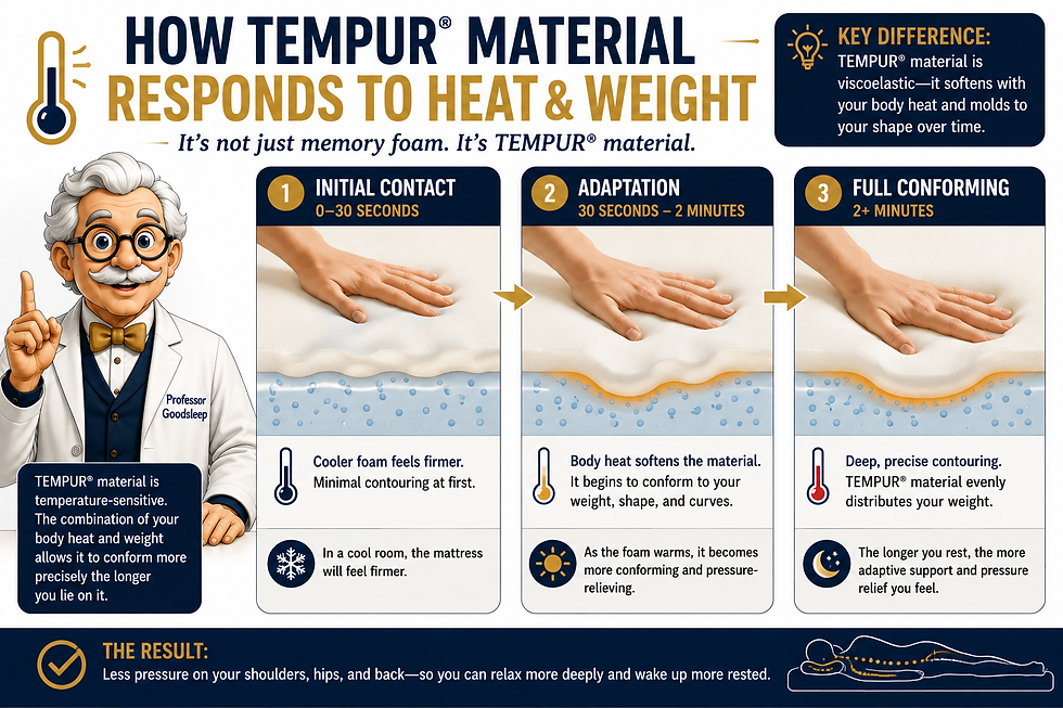 Infographic showing Tempur material responding to heat and weight, with hand press stages, Professor Goodsleep, and blue-gold text.