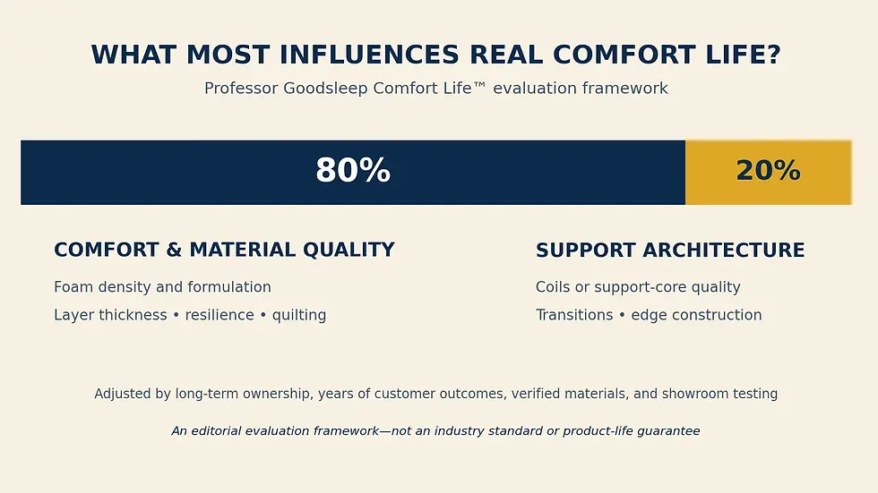 Comfort Life framework chart showing 80 percent weight for comfort and material quality and 20 percent for support architecture.