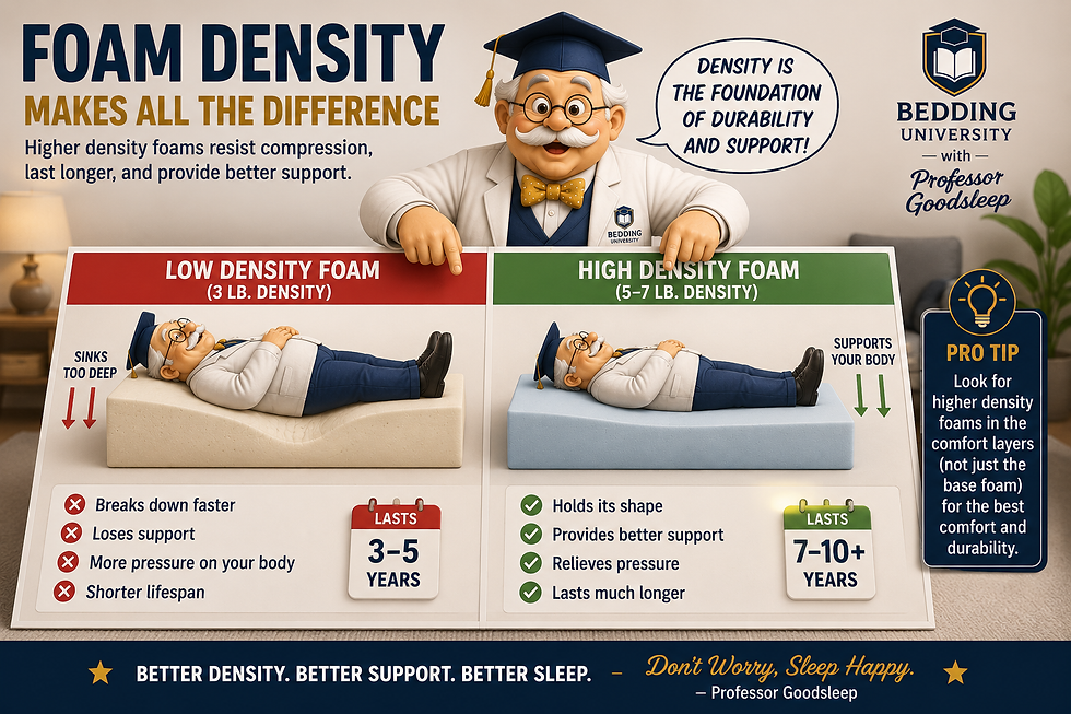 A cartoonish Professor Goodsleep that is slightly heavy demonstrates sinking in deeper in lower density foam vs more supportive high density foam.
