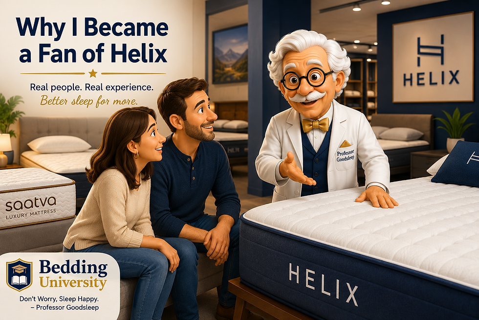 Couple listens to Professor Goodsleep in a Helix showroom; text reads Why I Became a Fan of Helix and Bedding University.