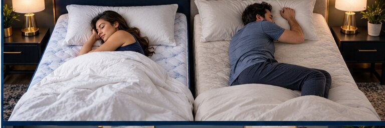 Motion-isolation scene comparing a slower foam response with a more responsive mattress.