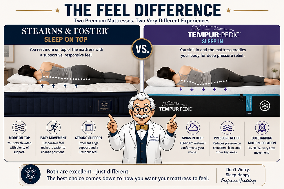 Infographic comparing Stearns & Foster and Tempur-Pedic mattresses, with a woman lying on each and a cartoon professor pointing.