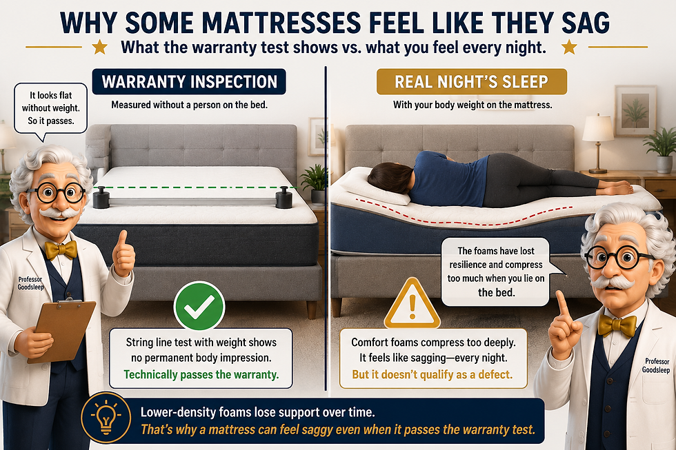 Image of a person sagging into a mattress and a string with weight on each end showing how warranty tests don't cover the sagging while you are on the mattrress.