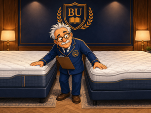 Professor Goodsleep compares ProAdapt and LuxeAdapt Medium Hybrid mattresses in a Bedding University showroom.