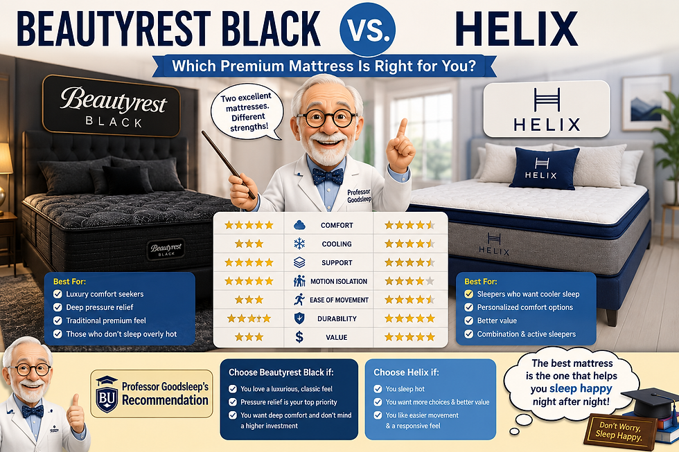 Professor Goodsleep gives a deeper dive explanation of features and benefits of a Beautyrest Black and Helix Mattress.