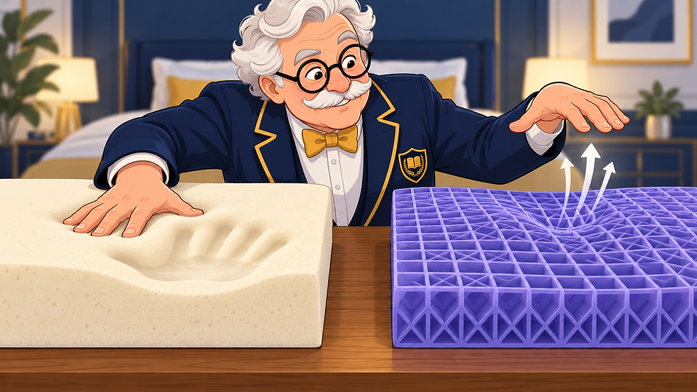 Professor Goodsleep demonstrates the different surface feel of Serta foam and Purple grid-style comfort.