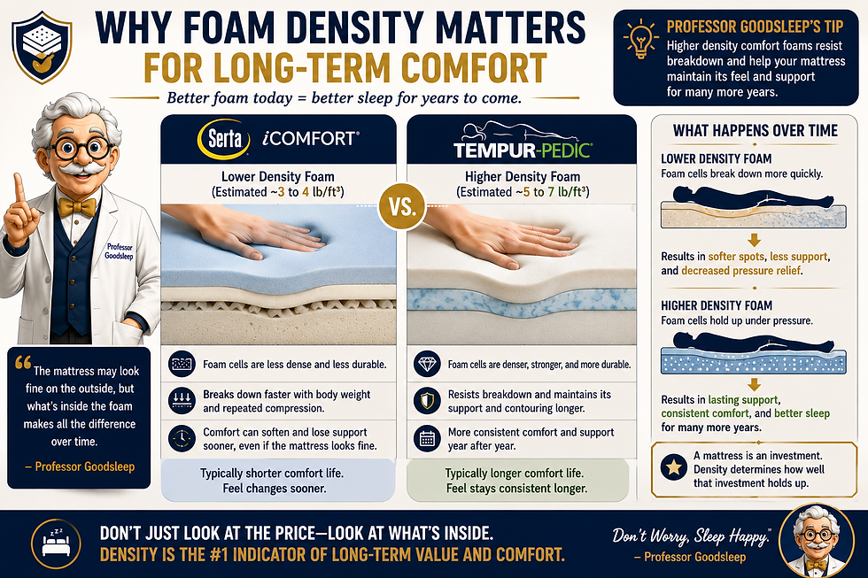 Infographic of Professor Goodsleep comparing low- and high-density mattress foam, with hands pressing foam and comfort tips.