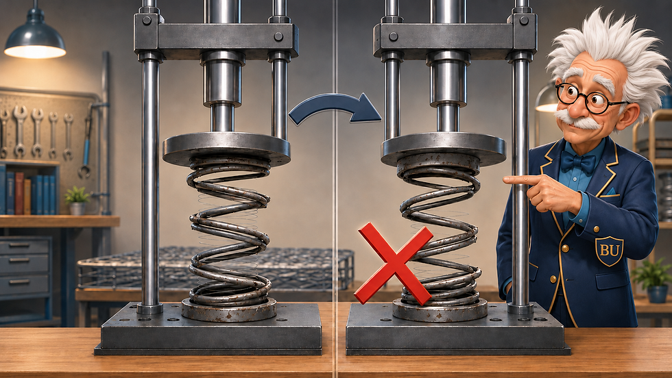 Professor Goodsleep demonstrates that a fatigued mattress coil remains worn after being turned upside down and compressed again.