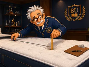 Professor Goodsleep measures a visible mattress indentation with a straightedge and ruler during a Bedding University warranty inspection.