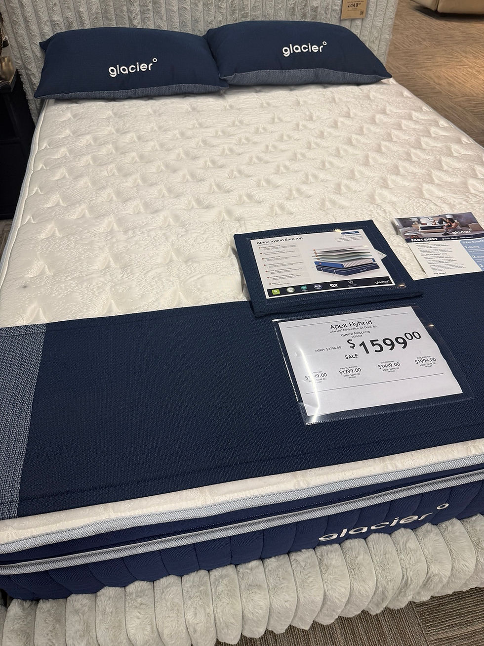 Glacier Apex Hybrid Euro top photographed during firsthand showroom testing.