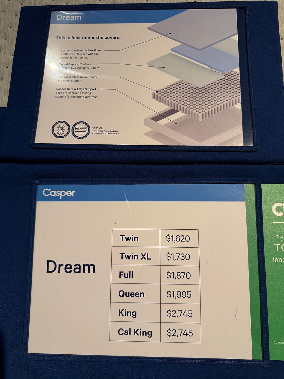 Casper Dream showroom model and pricing information card photographed in September 2026.