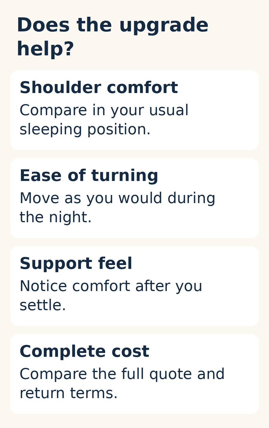 Four upgrade checks: shoulder comfort, ease of turning, support feel and complete cost.