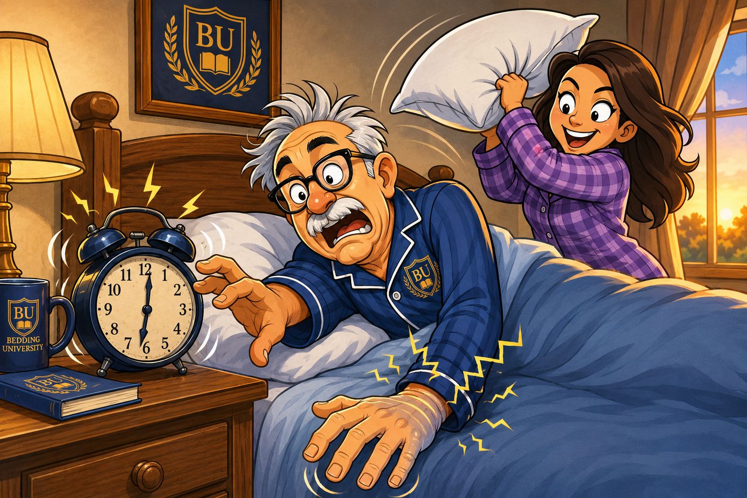 Cartoon of Professor Goodsleep struggling with a numb arm while Mrs. Goodsleep swings a pillow at a ringing alarm clock.