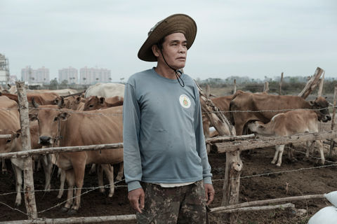 A farmer and his livestock at the boundaries of the That Luang Lake SEZ. Vientiane Capital, Laos. February 2022.