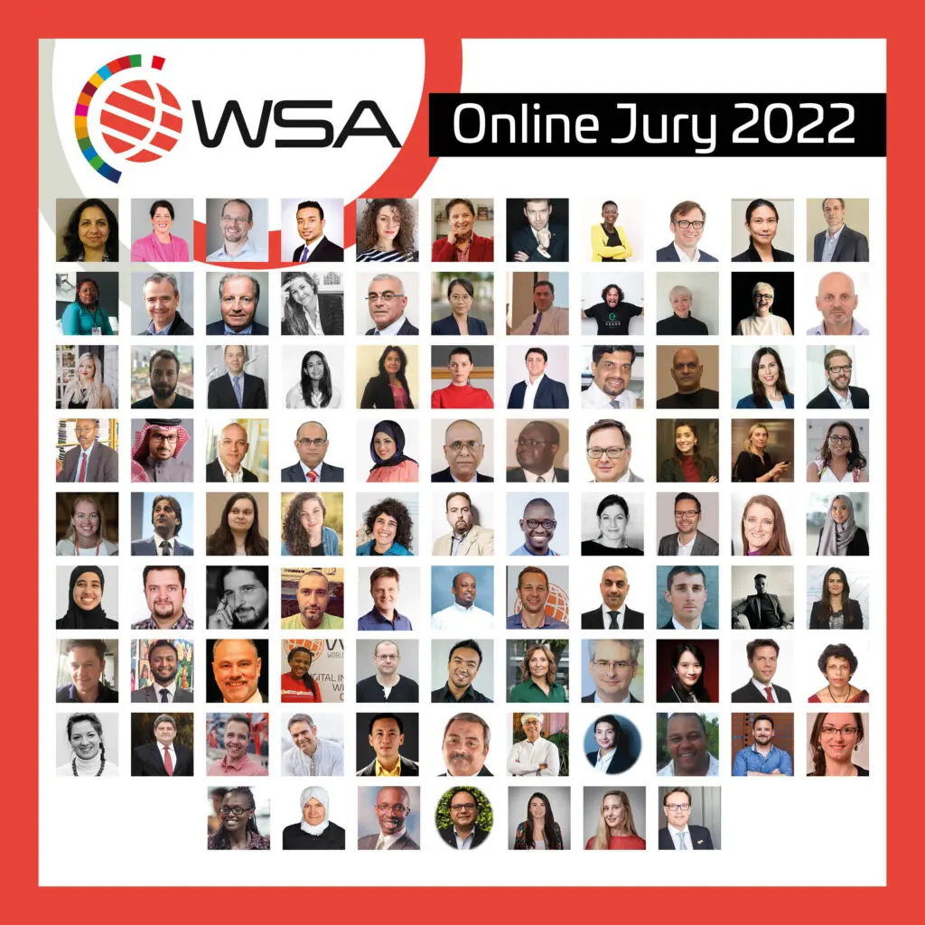 imagem com fotos do rosto de todos os jurados do WSA. No canto superior esquerdo o logotipo do WSA e em letras brancas, sobre fundo preto, escrito Online Jury 2022