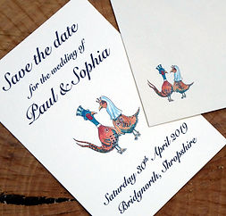 pheasant wedding cartoon image, save the date card, shoot wedding, shoot cards, game cards