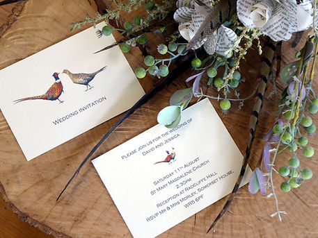 pheasant wedding, shoot wedding, pheasant wedding invitiation, pheasant feather bouquet, paper roses, game cards, shoot cards