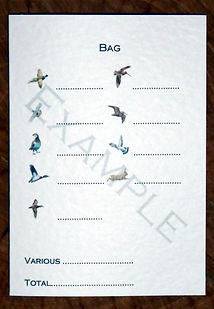 Bespoke personalised shoot card showing bag or quarry pages along with bird pictures. pheasant, partridge, pigeon, woodcock, rabbit