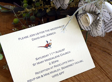pheasant wedding, shoot wedding, pheasan invitiation, pheasant paper flower bouquet, pheasant bouquet, game cards, shoot cards