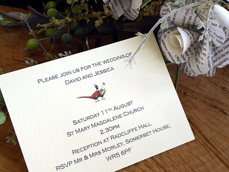 pheasant wedding, shoot wedding, pheasan invitiation, pheasant paper flower bouquet, pheasant bouquet, game cards, shoot cards