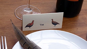 bespoke wedding stationery, pheasant name place card, shoot cards, game cards
