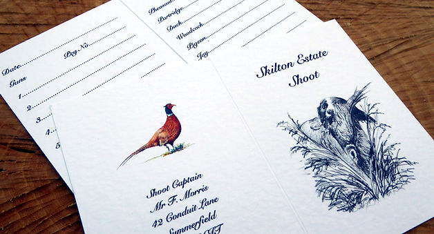 bespoke shoot cards, game cards, pheasant, gun dog, personalised