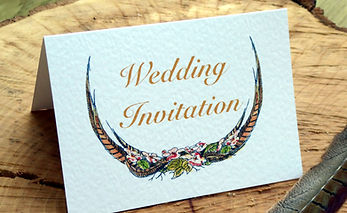 pheasant feather wedding invitation. bespoke shoot wedding stationery, shoot cards, game cards