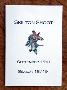 Bespoke shoot card showing the game season with three flying birds. Pheasant, duck and partridge