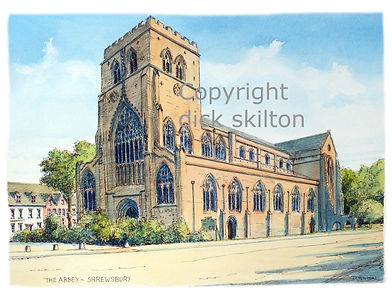 shrewsbury abbey, church artwork, watercolour, dick skilton, shropshire artist, shoot cards, game cards