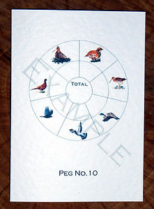 Bespoke personalised shoot card with a bird wheel, totals and peg numbers