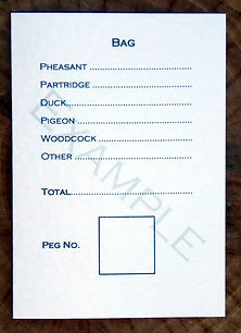 Bespoke, personalised shoot card showing bag or quarry totals and a peg number square