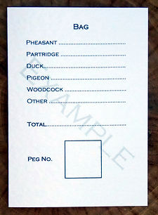 Bespoke, personalised shoot card showing bag or quarry totals and a peg number square